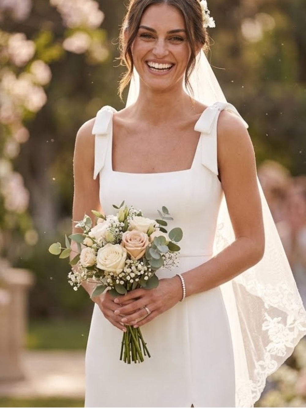 New Lulus  Sweetie Elegant White Bridal Gown with Bow-Strap Thigh Slit Sz Medium - Picture 4 of 13